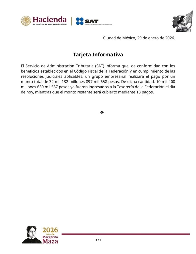 El jueves, el SAT anunció que Grupo Salinas, propiedad del empresario Ricardo Salinas Pliego, ingresó a la Tesorería un primer monto y el resto lo cubrirá en 18 parcialidades.&nbsp;ESPECIAL