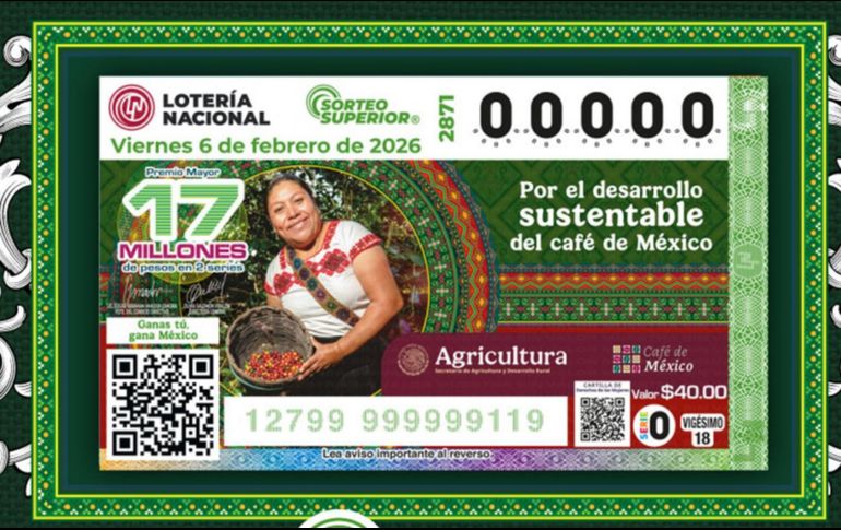 En su billete del Sorteo Superior 2871, la Lotería Nacional reconoció la importancia del café y sus productores. X/lotenal