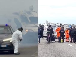 Las imágenes del lugar muestran vehículos en llamas, el vehículo blindado completamente destruido y una gran columna de humo. EFE / RECURSOS DEL FURGÓN ASALTADO EN LA CARRETERA ESTATAL QUE CONECTA LAS CIUDADES DE LECCE CON BRINDISI EN ITALIA.