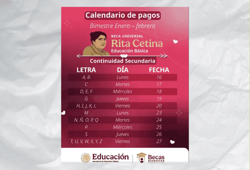 Calendario de pagos de la Beca Rita Cetina bimestre enero-febrero 2026. ESPECIAL&nbsp;