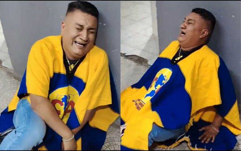 En las imágenes, compartidas masivamente en redes sociales, se observa al seguidor azulcrema caer al suelo tras el silbatazo final. ESPECIAL.