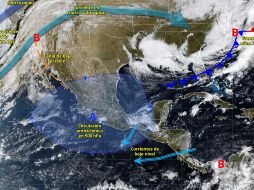 Este sistema interactuará con una vaguada polar y la corriente en chorro subtropical, lo que favorecerá rachas fuertes a muy fuertes. ESPECIAL/ SMN.