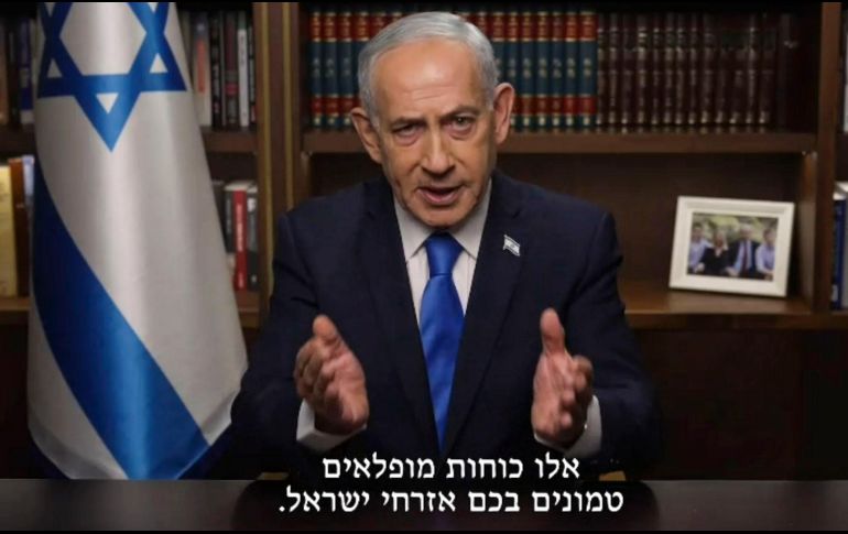 Benjamín Netanyahu, en un videomensaje difundido coincidiendo con el aviso de que Irán ha respondido con misiles al ataque israelí en su territorio. EFE/Government Press Office Israel