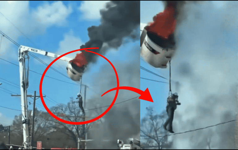 La canastilla del camión elevador se incendió repentinamente mientras el hombre laboraba. X/@LASHYBILLS