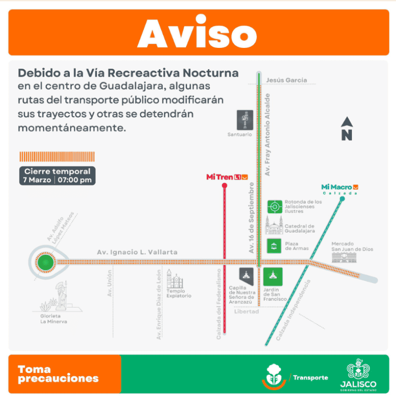 &nbsp;Anuncio de Setran sobre los cierres de esta noche por la Vía RecreActiva Nocturna. X / @TransporteJal