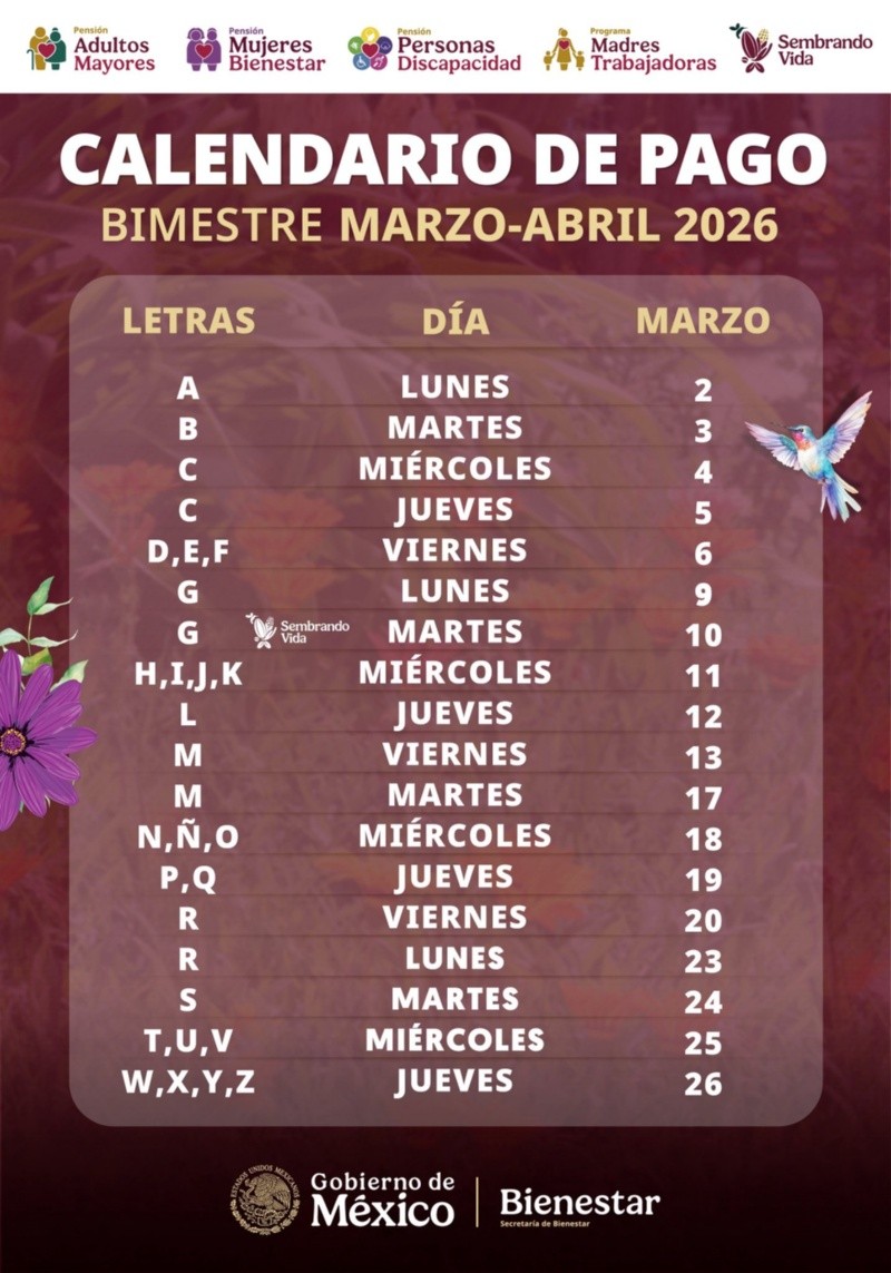 &nbsp;Calendario de pagos de la Pensión Bienestar de marzo 2026. ESPECIAL