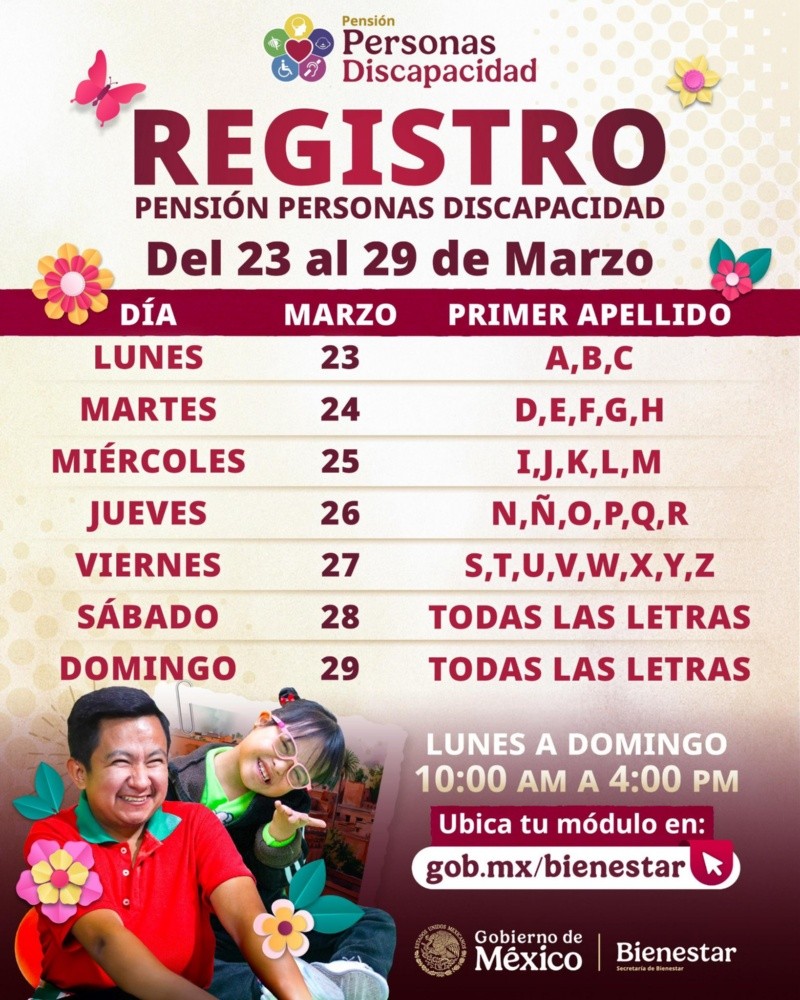 &nbsp;Calendario de registro de la Pensión Bienestar de las Personas con Discapacidad. ESPECIAL
