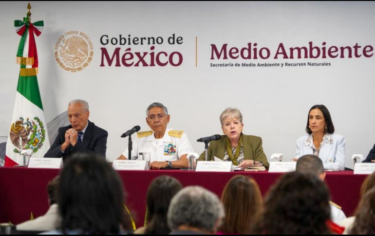 La Secretaria de Medio Ambiente y Recursos Naturales, Alicia Bárcena (2-d), el secretario de Marina, Raymundo Pedro Morales (2-i), el director de Pemex, Víctor Rodríguez (i) y la Secretaria de Energía, Luz Elena González (d), hablan durante una rueda de prensa este jueves. EFE/Medio Ambiente y Recursos Naturales