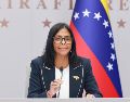 La presidenta encargada de Venezuela, Delcy Rodríguez, habla durante una videoconferencia en el foro FII Priority, en Miami. EFE/Palacio de Miraflores