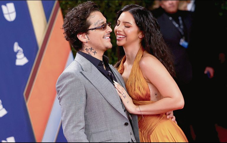 Christian Nodal y Ángela Aguilar asistieron a los Premios Grammy Latinos, en el MGM Grand Garden Arena, el 13 de noviembre de 2025 en Las Vegas, Nevada. AFP