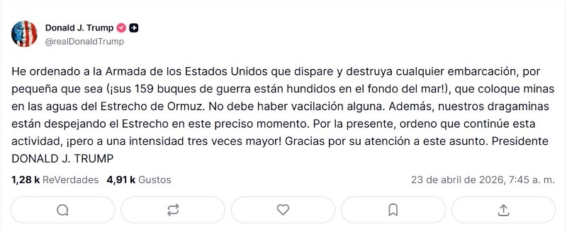 Trump anuncia la nueva orden para la Armada de Estados Unidos. X / @realDonaldTrump