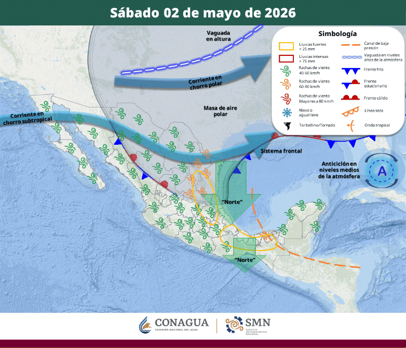 Con el paso de los días, el sistema frontal se desplazará hacia el oriente y centro del territorio nacional.&nbsp;ESPECIAL / Conagua