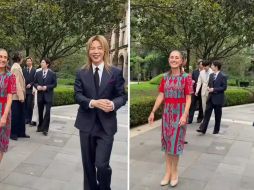 Jimin protagonizó el momento más viral del día al sorprenderse y tomarle fotos los gatitos protegidos que habitan en el recinto. ESPECIAL/CAPTURA DE VIDEO