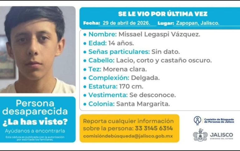 Cualquier información que pudiera ayudar a localizar a Missael puede ser reportada de manera anónima al número 3331456314 de la Comisión de Búsqueda de Jalisco. ESPECIAL/ Comisión de Búsqueda de Personas.