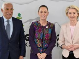 El presidente del Consejo Europeo, António Costa, la Presidenta Claudia Sheinbaum y la presidenta de la Comisión Europea, Ursula von der Leyen, en una foto de archivo del 2025. FACEBOOK/Unión Europea en México