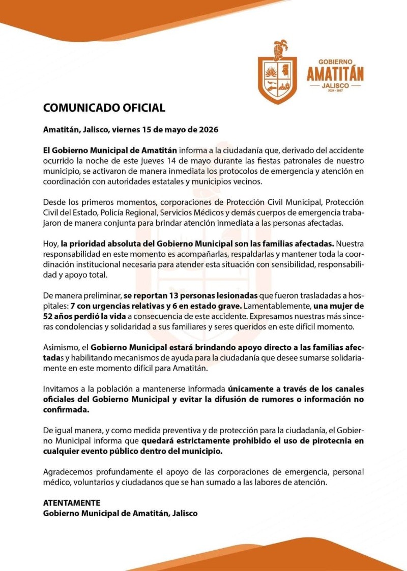 El Ayuntamiento de Amatitán aseguró que, tras el percance, se activaron de manera inmediata los protocolos de emergencia y atención. ESPECIAL&nbsp;