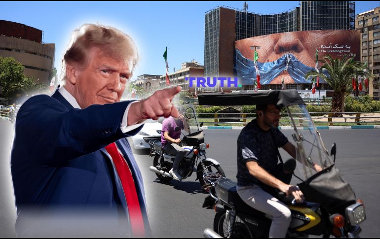 Imágenes de Teherán en donde se despliega un anuncio con mensaje anti Trump; EU e Irán buscan conseguir un acuerdo de paz. EFE / EPA / ABEDIN TAHERKENAREH