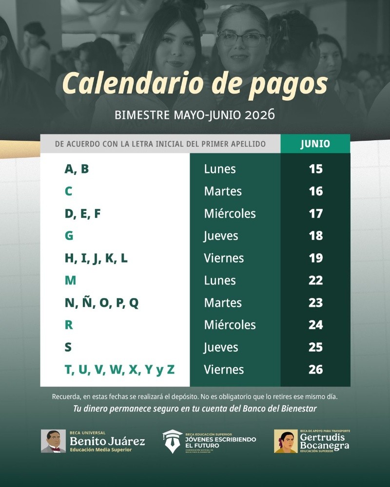 Calendario de pagos de las Becas Benito Juárez de junio 2026. ESPECIAL&nbsp;