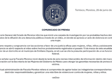 Tras la difusión de un video en redes sociales, la FGE de Morelos confirmó la apertura de una carpeta de investigación y señaló que trabaja en coordinación con la Secretaría de las Mujeres del Gobierno de México para otorgar medidas de protección a la víctima. X / @Fiscalia_Mor