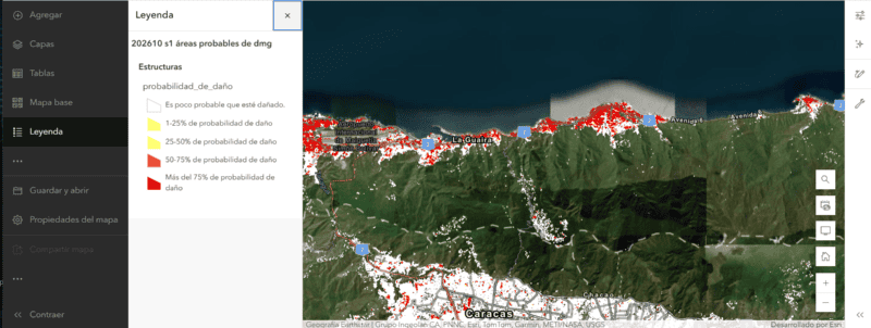 Probabilidad de daños en estructuras según el sensor Sentinel-1 (experimental) para el terremoto de Venezuela de junio de 2026. NASA&nbsp;