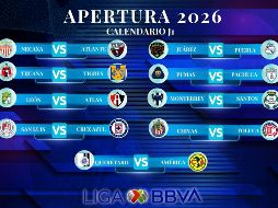 Este es el calendario completo de la Jornada 1 del Torneo Apertura 2026 de la Liga MX, con las fechas, horarios y sedes de todos los partidos programados para el inicio del campeonato. ESPECIAL / CANVA