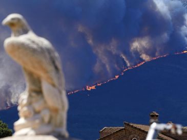 Imagen de las llamas del incendio forestal activo entre las localidades abulenses de Burgohondo y Navaluenga. EFE / R. Sanchidrián