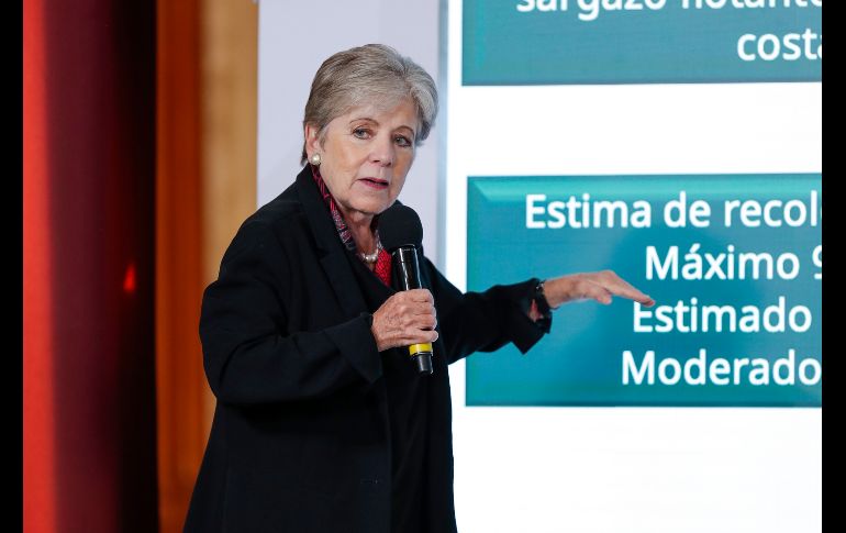 La secretaria de Medio Ambiente y Recursos Naturales (Semarnat), Alicia Bárcena, habla durante una rueda de prensa este jueves en Palacio Nacional en Ciudad de México. EFE/I. Esquivel