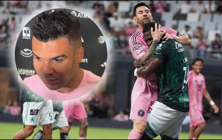 Lionel Messi, del Inter Miami, choca con Jhohan Romaña, de León, durante un encuentro de la Leagues Cup, el miercoles 12 de agosto de 2026. AP / Lynne Sladky