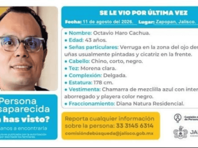 Octavio Haro de 43 años, visto por ultima vez el pasado 11 de agosto en el fraccionamiento Diana Natura, en Zapopan. CORTESÍA