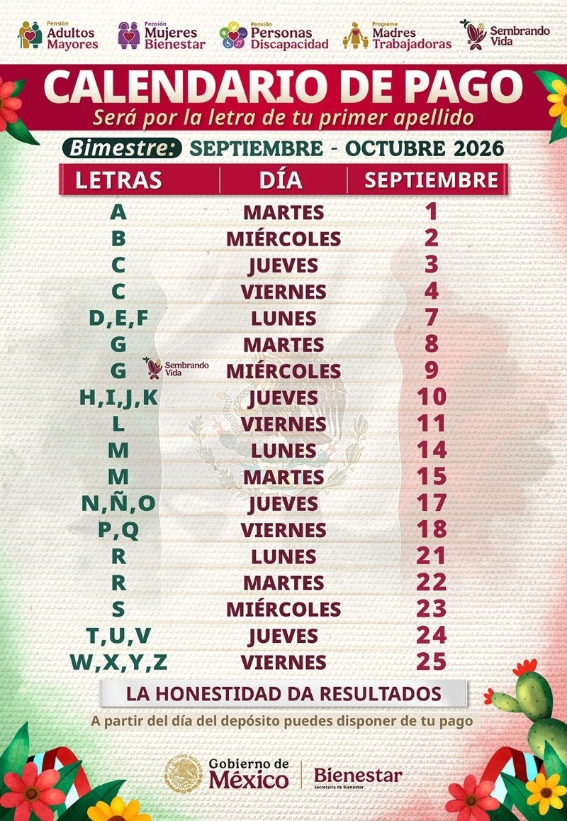 &nbsp;Calendario Pensión Bienestar septiembre 2026. ESPECIAL