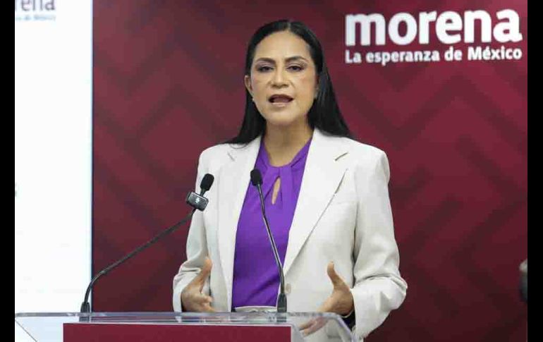 Ariadna Montiel, líder nacional de Morena, durante una conferencia de prensa en la Ciudad de México. SUN/C. Mejía