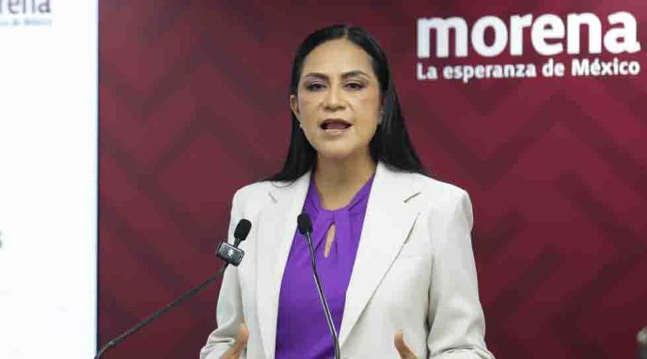 Ariadna Montiel, líder nacional de Morena, durante una conferencia de prensa en la Ciudad de México. SUN/C. Mejía
