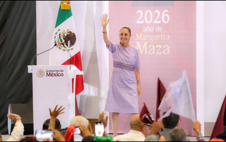 En el evento celebrado en la Arena VFG, la Presidenta Claudia Sheinbaum destacó la construcción del Tren Ciudad de México-Guadalajara, cuyas obras iniciarán el próximo año, así como la implementación de los programas  para el Bienestar en la Entidad. EL INFORMADOR/A. Navarro