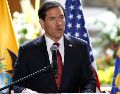 El secretario de Estado de Estados Unidos, Marco Rubio, habla durante una rueda de prensa este miércoles, en Quito, Ecuador.EFE/ J. Jácome