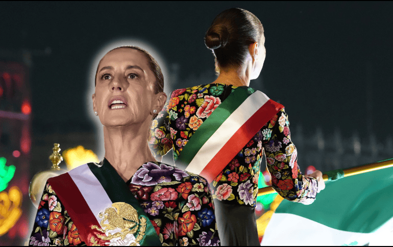 Claudia Sheinbaum lució un vestido con bordado artesanal de Juchitán, Oaxaca, elaborado por artesanas muxe, durante el Grito de Independencia 2026. EFE/J. Méndez ESPECIAL/Presidencia de México