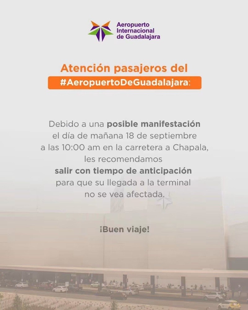 &nbsp;Aeropuerto Internacional de Guadalajara alerta sobre posible movilización