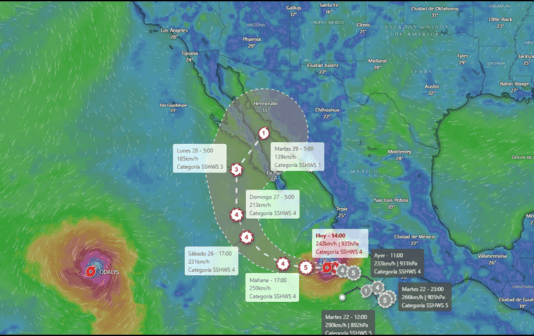 A lo largo del sábado 26 de septiembre, la trayectoria proyectada indica que el huracán Polo podría experimentar un ligero debilitamiento, transitando hacia la categoría 4. windy.com