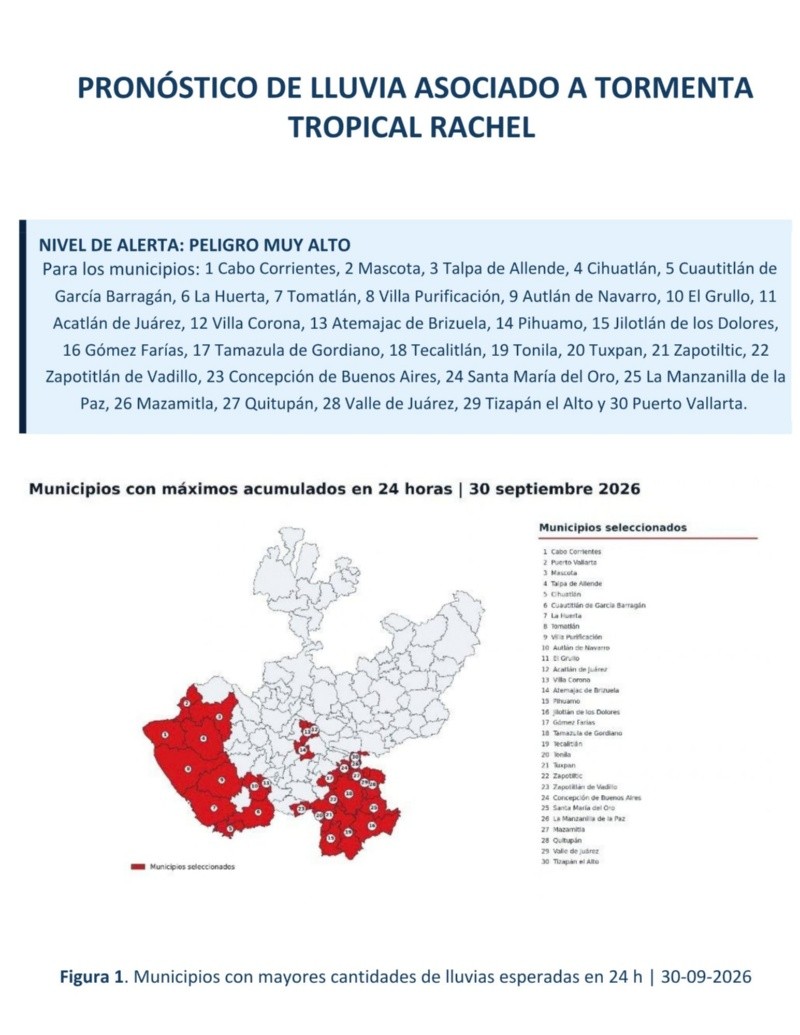 El mapa de riesgo del gobierno estatal compartido la tarde del martes coloca a 30 municipios bajo alerta de peligro muy alto por lluvias asociadas al fenómeno. ESPECIAL