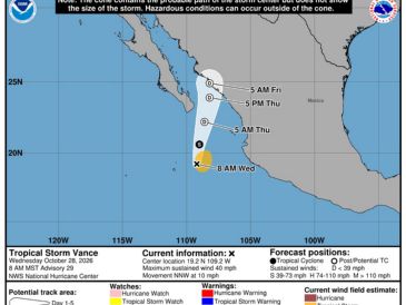 El Servicio Meteorológico Nacional advierte que la tormenta tropical “Vance” provocará lluvias en 25 estados este 28 de octubre. EFE/NOAA-NHC