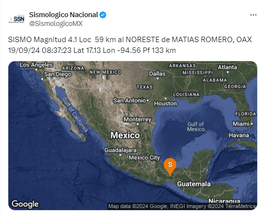 Temblor en Oaxaca hoy 19 de septiembre de 2024. X -TWITTER-/ Sismológico Nacional 