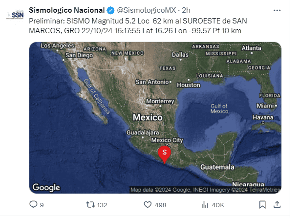 Se reportó un sismo de 5.2 grados de magnitud. X -TWITTER-/ SismologicoMX