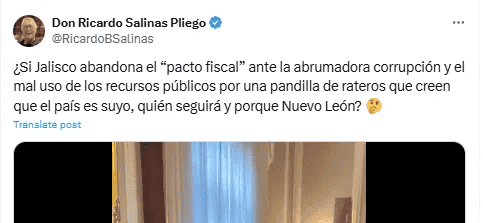   Ricardo Salinas Pliego externó su apoyo a la iniciativa del Gobierno de Jalisco de abandonar el pacto fiscal. X -TWITTER-/ RicardoBSalinas