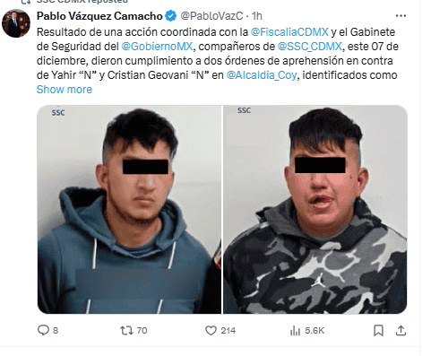 Los hombres, identificados como “El Chispa” y “El Palillo”, eran líderes de una célula criminal a la que llamaron “Cártel 2 de abril” y fueron detenidos en Coyoacán. X -TWITTER-/ Pablo Camacho 