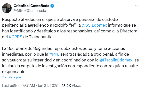  El secretario de seguridad pública del Estado de México (Edomex) dio a conocer la decisión de trasladar de penal a 