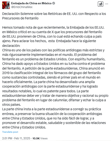 Comunicado de la Embajada China en México sobre el problema del fentanilo en Estados Unidos. X -Twitter-/ @EmbChinaMex 