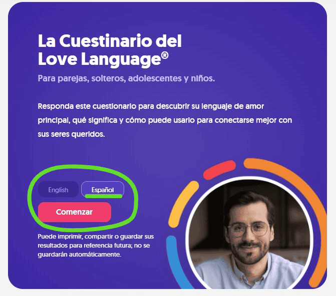 Cambio de idioma en el test de lenguajes del amor. The Love Language