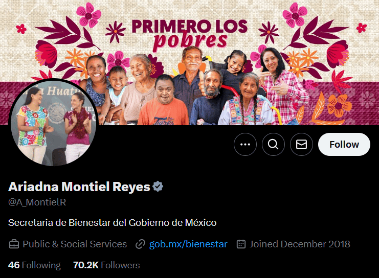  Red social verificada de la secretaria Ariadna Montiel Reyes en la plataforma de X. ESPECIAL 
