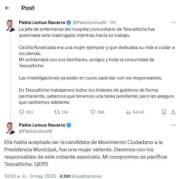 El Gobernador de Jalisco, Pablo Lemus Navarro, se pronunción ante la noticia de la regidora. X / @PabloLemusN. 
