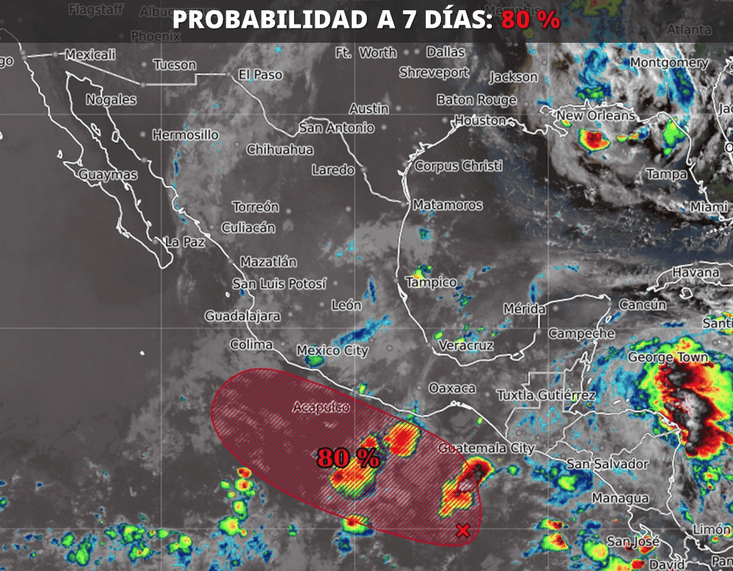  Zona de baja presión al sur de las costas de Chiapas, mantiene 40% de probabilidad para desarrollo ciclónico en 48 horas y 80% en 7 días. ESPECIAL / CONAGUA
