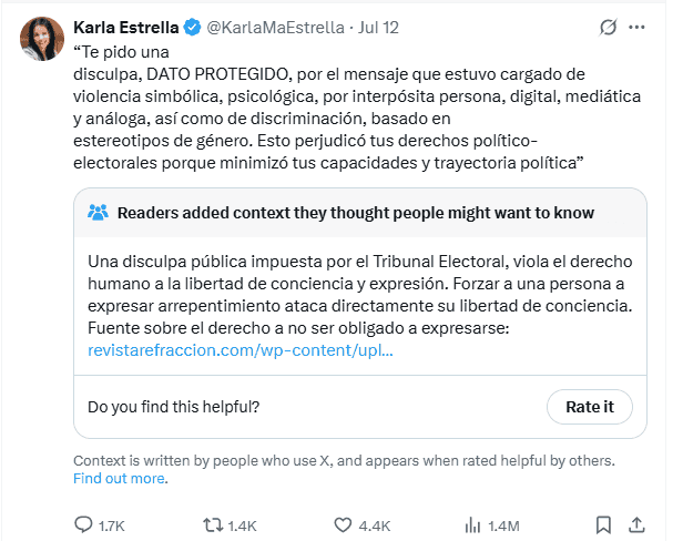   La usuaria se disculpa con DATO PROTEGIDO, la diputada Diana Karina Barreras Samaniego. X / @KarlaMaEstrella 